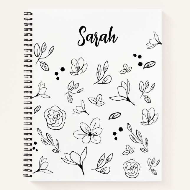 Minimalist black white floral simple Personalized Notebook (Front)