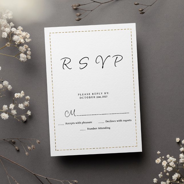 Minimalist black white gold dashed line RSVP Card (Minimalist black white gold dashed line RSVP)