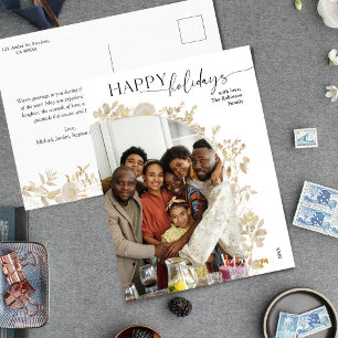 Minimalist Black White Gold Floral Photo  Holiday Postcard