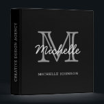 Minimalist Black White Grey Monogram Professional Binder<br><div class="desc">Modern, minimalist black and white personalized name monogrammed binder. It features a monogram initial in serif style font and pretty handwritten first name text template in grey, white colour on black background. Great personalized gift for back to school, professional work, home office, and recipe binder. If you need help or...</div>