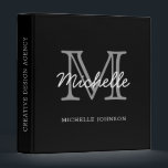 Minimalist Black White Grey Monogram Professional Binder<br><div class="desc">Modern, minimalist black and white personalized name monogrammed binder. It features a monogram initial in serif style font and pretty handwritten first name text template in grey, white colour on black background. Great personalized gift for back to school, professional work, home office, and recipe binder. If you need help or...</div>