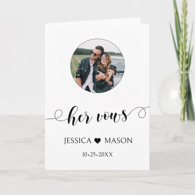 Minimalist black white her wedding vows photo card (Front)