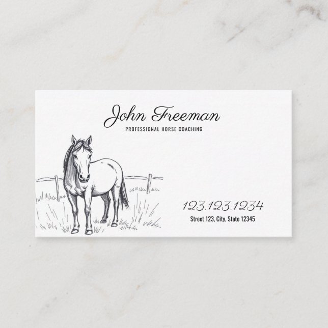 Minimalist Black & White Horse Sketch Equine Business Card (Front)
