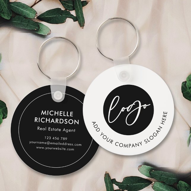 Minimalist Black & White Logo Real Estate Business Keychain (Minimalist black and white  branded business logo keyring with space for your contact info)