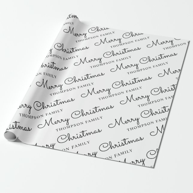 Minimalist Black White Merry Christmas Family Name Wrapping Paper (Unrolled)