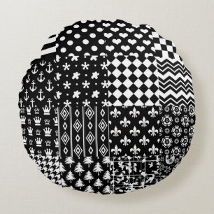 Minimalist Black White Mixed Pattern Style Round Pillow