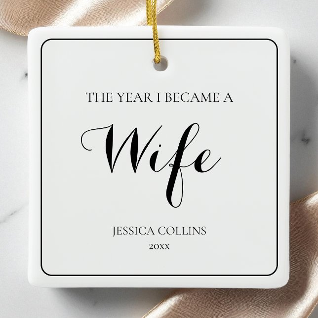 Minimalist Black White Modern First Christmas Wife Ceramic Ornament (Minimalist Black White Modern First Christmas Wife Ceramic Ornament)