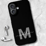 Minimalist Black White Modern Name Monogram iPhone 16 Case<br><div class="desc">Personalized Minimalist Black And White Script Initial Monogram Phone Case. Add a touch of luxury and elegance to your phone with this personalized phone case. Featuring a sleek black background, a bold grey initial, and a flowing white script name, this design combines sophistication with modern style. Perfect for anyone who...</div>