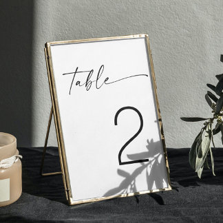 Minimalist Black & White Modern Script Wedding Table Number