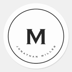 Minimalist Black White Monogram Classic Round Sticker