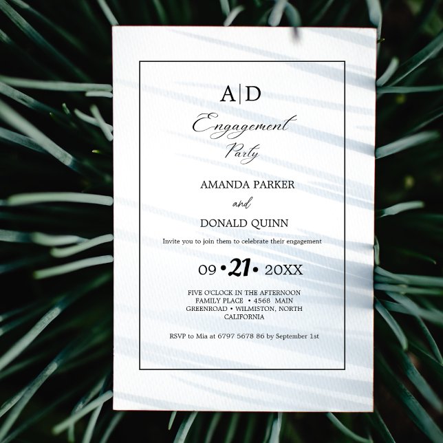 Minimalist black & White Monogram Engagement Party Invitation (Creator Uploaded)