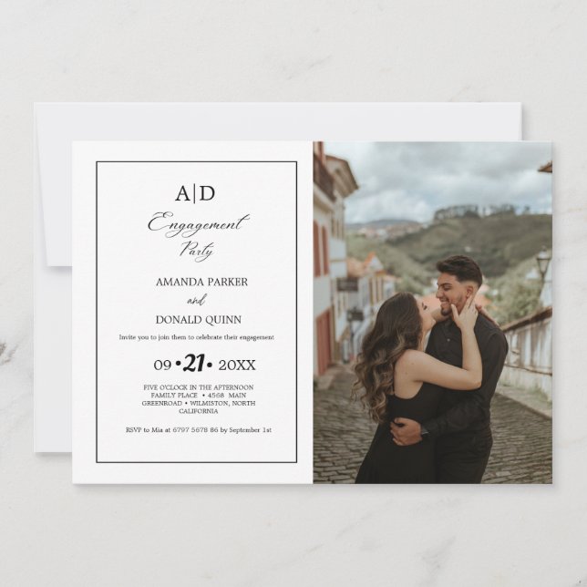 Minimalist black & White Monogram Engagement Party Invitation (Front)
