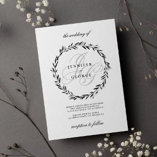 Minimalist black white monogram initials Wedding  Invitation