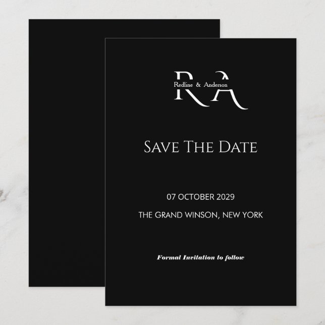 Minimalist Black & White Monogram Save the Date  Invitation (Front/Back)