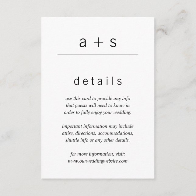 Minimalist Black White Monogram Wedding Details Enclosure Card (Front)