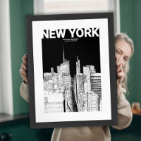 Minimalist Black & White NYC Skyline Travel Sketch