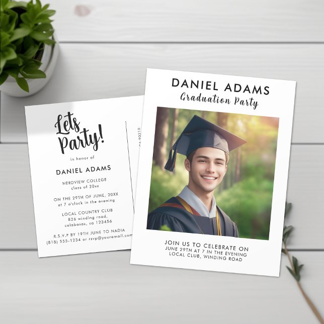 Minimalist Black & White Photo Graduation Invite Postcard (Creator Uploaded)