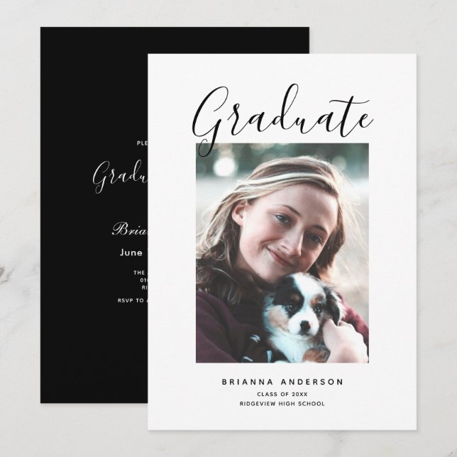 Minimalist Black & White Photo Graduation Party Invitation (Front/Back)