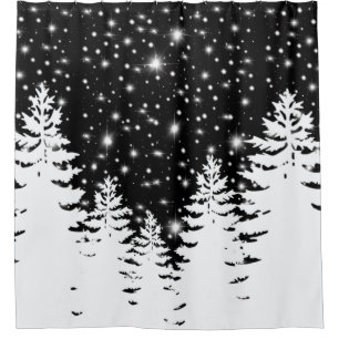 Minimalist black white pine forest night sky stars