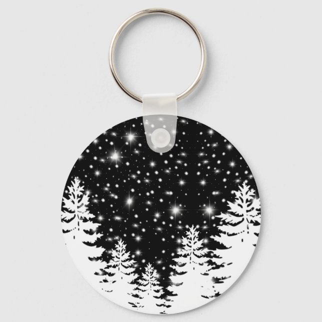 Minimalist black white pine forest night sky stars keychain (Front)
