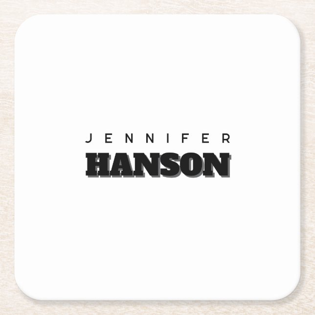 Minimalist Black & White Professional Modern Name Square Paper Coaster (Front)