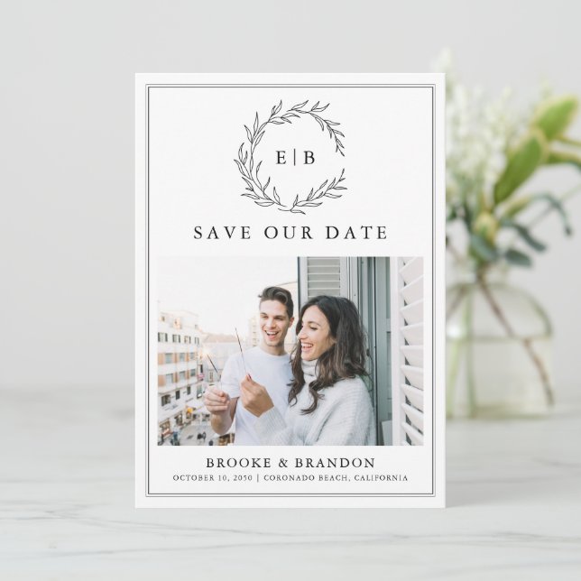 Minimalist Black & White QR code Photo Wedding Save The Date (Standing Front)
