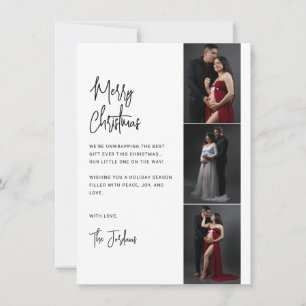 Minimalist Black & White Script 3 Photo Strips Holiday Card