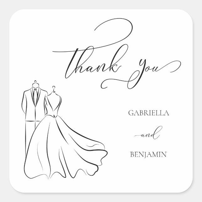Minimalist Black White Script Thank You Wedding Square Sticker (Front)