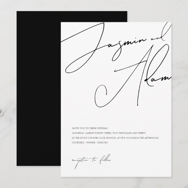 Minimalist Black White Script Typography Wedding Invitation (Front/Back)