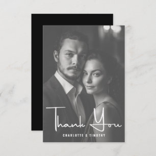 Minimalist Black White Script Wedding Photo Thank You Card
