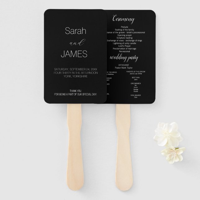 Minimalist Black & White Script Wedding Program  Hand Fan (Front and Back)