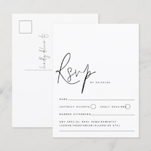 Minimalist Black White Script Wedding RSVP Postcard