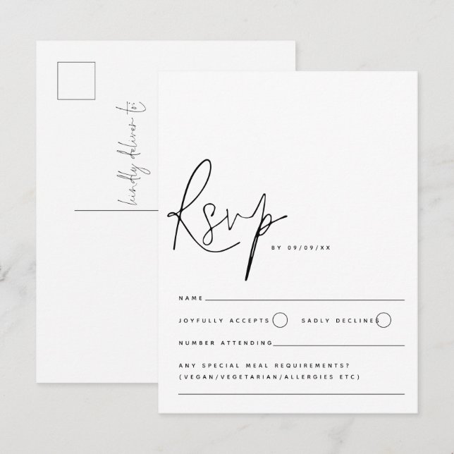 Minimalist Black White Script Wedding RSVP Postcard (Front/Back)
