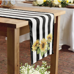 Minimalist Black & White Stripe  Sunflower Wedding Medium Table Runner
