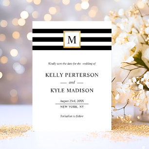 Minimalist Black White Stripes Monogram Gold Save The Date