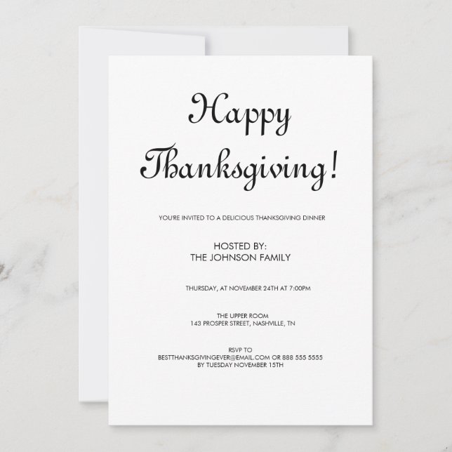 Minimalist Black & White Thanksgiving Dinner Invitation (Front)