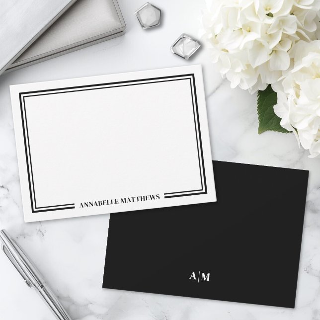 Minimalist Black White Two Border Monogram Card (Minimalist Black White Two Border Monogram Note Card )