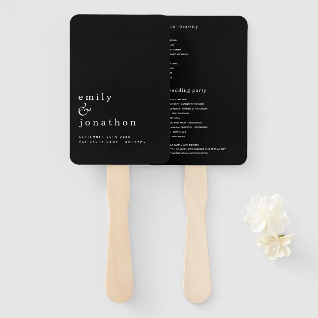 Minimalist Black White Typography Wedding Program Hand Fan (Front and Back)