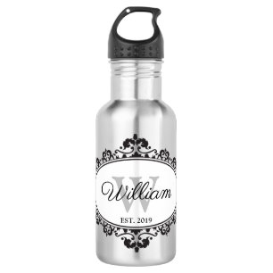 Minimalist Black & White Vintage Damask Monogram 532 Ml Water Bottle