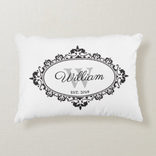 Minimalist Black & White Vintage Damask Monogram Accent Pillow