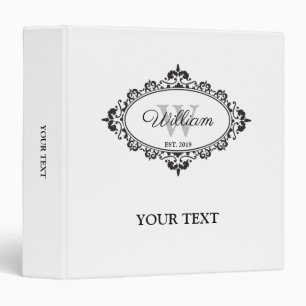 Minimalist Black & White Vintage Damask Monogram Binder