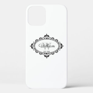 Minimalist Black & White Vintage Damask Monogram iPhone 12 Case