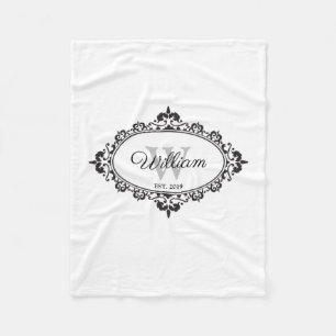 Minimalist Black & White Vintage Damask Monogram Fleece Blanket