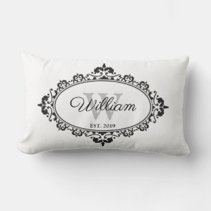 Minimalist Black & White Vintage Damask Monogram Lumbar Pillow