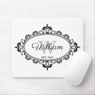 Minimalist Black & White Vintage Damask Monogram Mouse Pad