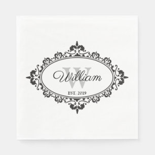 Minimalist Black & White Vintage Damask Monogram Napkin