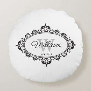 Minimalist Black & White Vintage Damask Monogram Round Pillow
