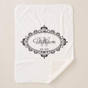 Minimalist Black & White Vintage Damask Monogram Sherpa Blanket