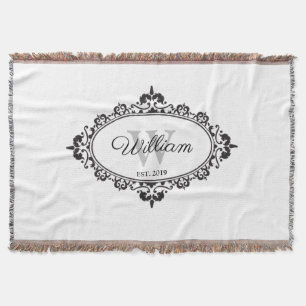 Minimalist Black & White Vintage Damask Monogram Throw Blanket