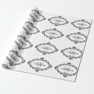 Minimalist Black & White Vintage Damask Monogram Wrapping Paper